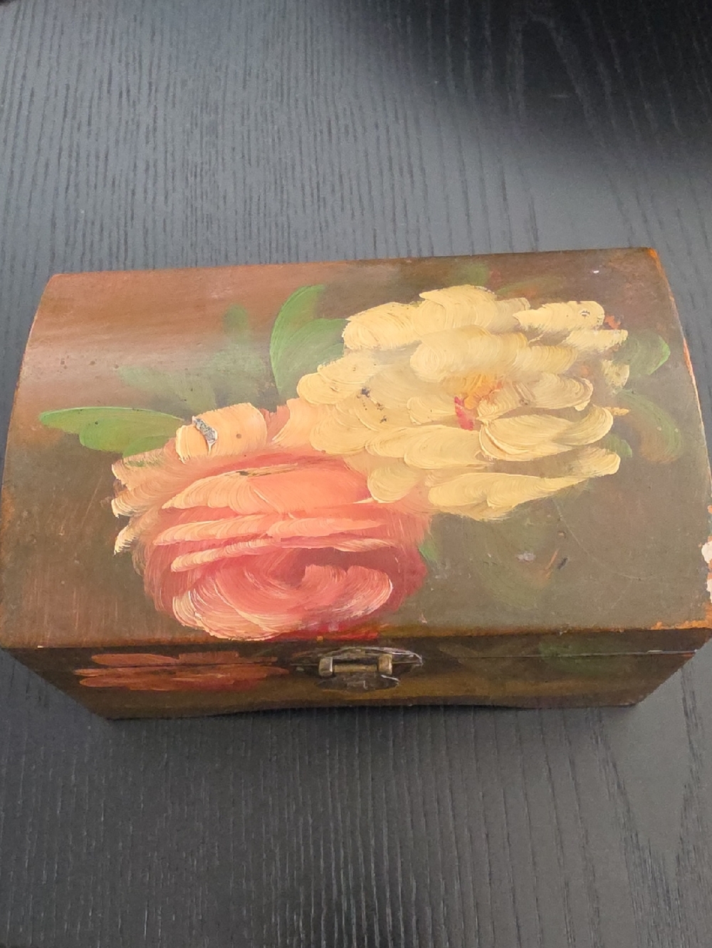 Hand-Painted Wooden Floral Jewelry Box - Yellow & Coral Roses